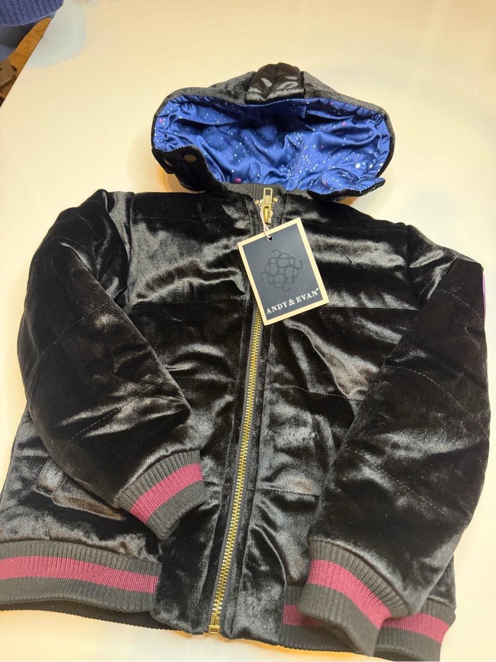 Andy & Evan Black Velvet Jacket with Purple Patch and Blue Hood Lining